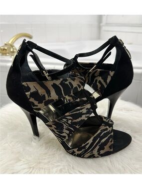Guess Black and Brown Animal-Print Strappy High Heel Sandals